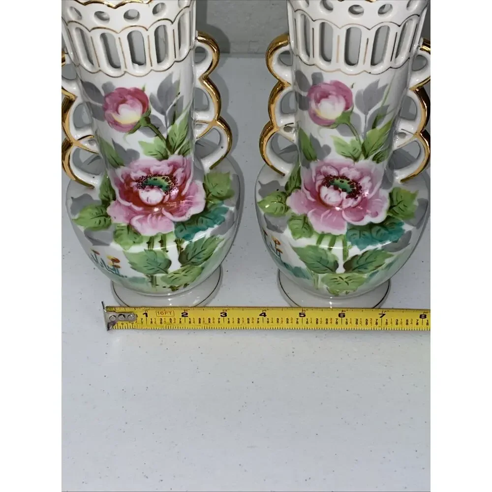 VTG Double Handled Floral Vase 9” Set Of 2‎ Hand Painted Made In Occupied Japan